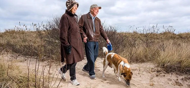Marie, Robert and their dog, Puzzle, walking on the beach near their Port Jefferson home